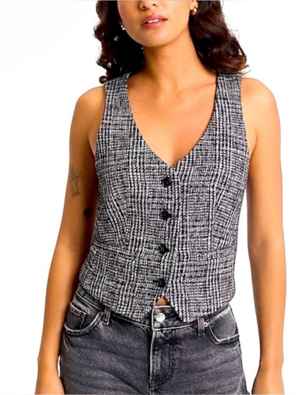 Express Women’s Editor Tweed Plaid Five Button Blazer Vest Medium